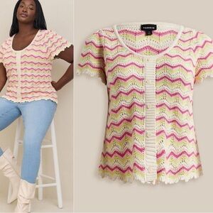 NWT Torrid Pointelle Pullover Flutter Sleeve Sweater Multi Stripe Boho Crochet